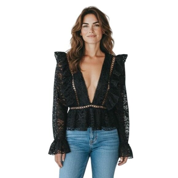 Karina Grimaldi Tops - Karina Grimaldi Paula Black Lace Deep V Ruffle Long Sleeve Top NWT- Size S